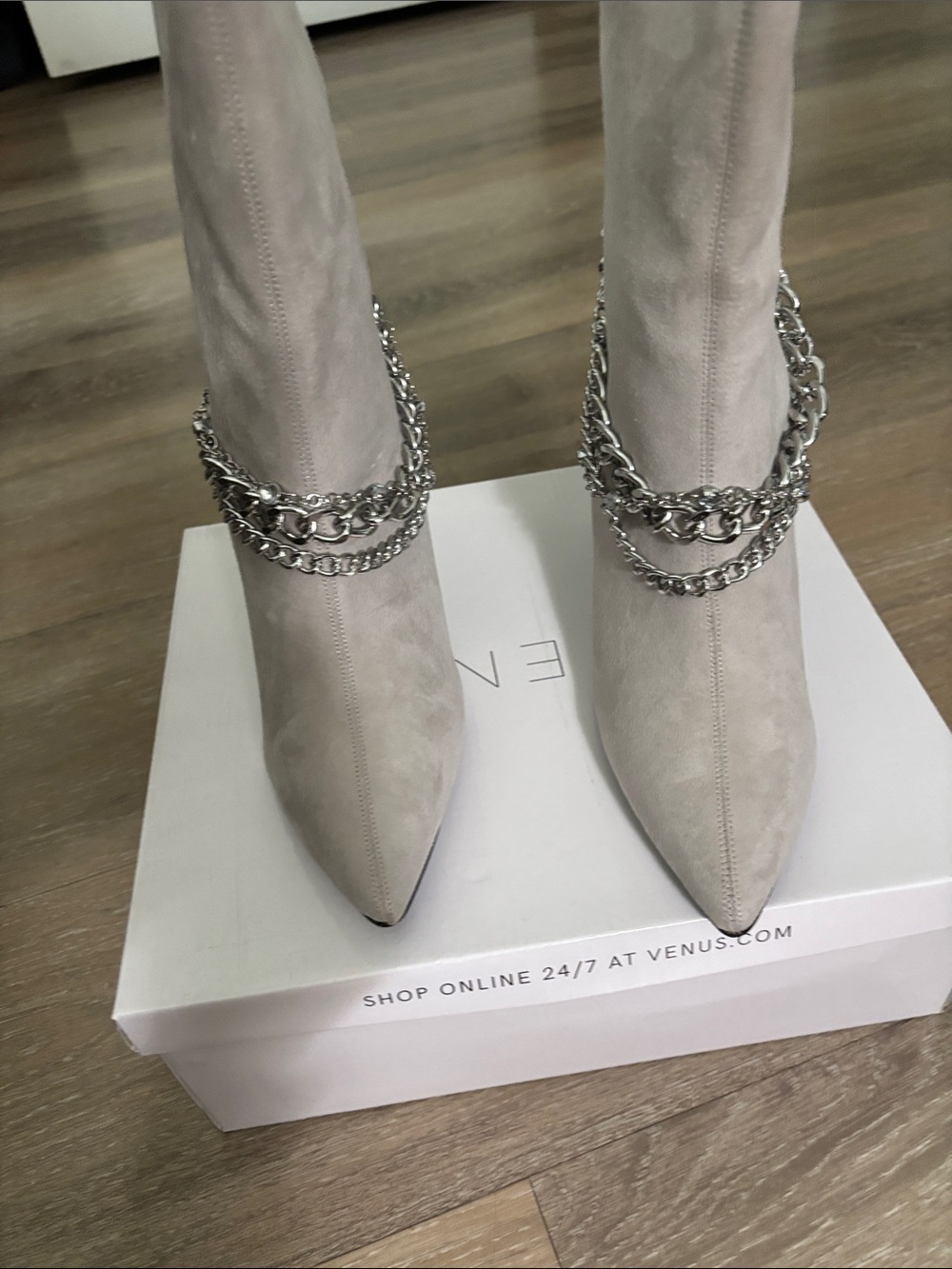 VENUS Taupe Suede Over-the-Knee Pointed Stiletto Boots with Silver Chain